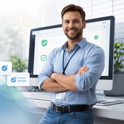 A professional web developer standing confidently in front of a computer screen showing website security and maintenance checkmarks.